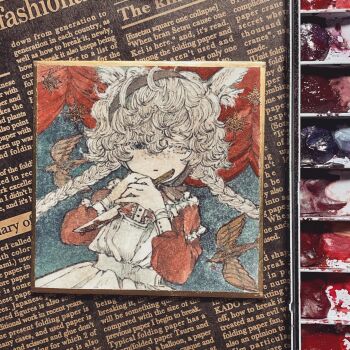 1girl acrylic_paint_(medium) apron bird border braid closed_mouth collar commentary curly_hair dagger dress english_text expressionless frilled_collar frills gold_border gold_trim hair_between_eyes hand_on_own_chest hashtag-only_commentary headband heterochromia highres holding holding_knife karintoun knife long_hair long_sleeves looking_down mixed_media neck_ribbon original paint_palette painting_(medium) pale_skin photo_(medium) red_sleeves ribbon signature sky solo straight-on traditional_media twin_braids upper_body watercolor_(medium) weapon white_hair