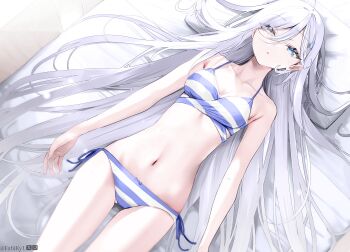 1girl absurdres ahoge bare_shoulders bikini blue_eyes breasts cleavage collarbone colorized dot_nose female_focus grey_eyes grey_hair hair_over_one_eye heterochromia highres legs long_hair lying medium_breasts midriff navel nekometaru official_art on_back open_mouth shibou_yuugi_de_meshi_wo_kuu. side-tie_bikini_bottom solo solo_focus stomach striped_bikini striped_clothes swimsuit thighs very_long_hair yuuki_(shibou_yuugi)