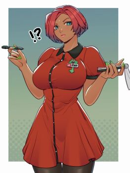 Rule 34 | !?, 1girl, alternate costume, black pantyhose, blue eyes, breasts, collared dress, commentary, dark-skinned female, dark skin, dress, english commentary, fingernails, giovanna (guilty gear), green nails, guilty gear, guilty gear strive, highres, holding, holding notepad, holding pen, large breasts, nail polish, narrow waist, notepad, pantyhose, pen, pink lips, puffy short sleeves, puffy sleeves, red dress, short hair, short sleeves, skullworms, solo, standing, thigh gap, waitress