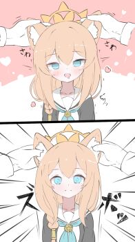 1girl 1other :d animal_ear_fluff animal_ears black_dress blue_archive blue_eyes blush braid brown_hair cat_ears closed_mouth commentary_request disembodied_hand dress drooling emphasis_lines grabbing_another&#039;s_ear hair_between_eyes halo hand_on_another&#039;s_ear heart highres long_hair mari_(blue_archive) mouth_drool norippe_(user_zgsf8872) nun open_mouth single_braid smile spasm translation_request