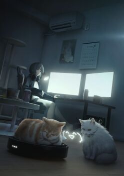 1girl :o ^v^ absurdres air_conditioner animal_ear_fluff animal_ears at_computer backlighting bare_legs bell black_hair black_shoes black_shorts black_sweater brown_eyes cable calendar_(object) cardigan cat cat_ears cat_tail cat_tower chair chopsticks cleaning_robot closed_eyes closed_mouth collar commentary_request computer computer_mouse computer_tower cup cup_ramen desk electric_plug electrical_outlet feet food food_packaging gaming_chair grey_eyes hair_intakes headphones headphones_around_neck heterochromia highres hologram indoors jingle_bell long_sleeves lying monitor multiple_monitors neon_lights non-humanoid_robot official_art on_chair open_cardigan open_clothes open_mouth orange_cat original paw_print picture_frame riding riding_vacuum_cleaner robot robotic_vacuum_cleaner rug seallllion shirt shoes short_hair shorts sitting slippers soda speaker sweater swivel_chair table tail thighs trash_can vacuum_cleaner white_cat white_shirt wooden_table