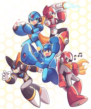 5boys arm_cannon armor bass_(mega_man) black_armor black_helmet blue_armor blue_helmet chest_jewel energy_sword facial_mark fins forehead_jewel full_body group_picture head_fins helmet highres holding holding_sword holding_weapon in-franchise_crossover light_trail male_focus mane_desu mega_man_(character) mega_man_(classic) mega_man_(series) mega_man_x_(series) multiple_boys proto_man red_armor red_helmet scarf simple_background sword weapon white_background x_(mega_man) yellow_scarf z_saber zero_(mega_man)