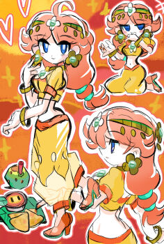 1girl absurdres blue_eyes brown_hair earrings flower_earrings hair_ornament harem_pants highres jewelry long_hair mario_(series) mario_kart mario_kart_world midriff multiple_views nintendo orange_background orange_shoes pants princess_daisy princess_daisy_(oasis) rakugaki_shitagari-ya shoes