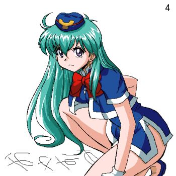 1girl ass bare_arms bare_legs blue_dress blue_footwear blue_hair blue_hat bow bowtie breasts covered_navel crotch dress earrings female_focus gloves gomatarou_(pixiv196136) hat jewelry knees legs long_hair microdress on_floor open_crotch panties pixel_art purple_eyes red_bow red_bowtie short_dress short_sleeves side_slit signature simple_background solo tenjouin_katsura thighs travel_attendant underwear very_long_hair white_background white_gloves white_panties yat_anshin_uchuu_ryokou