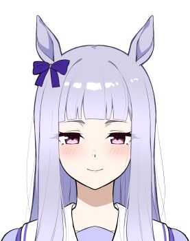 1girl animal_ears arched_bangs blue_bow blue_hair blush bow closed_mouth commentary ear_bow english_commentary eyelashes eyes_visible_through_hair gold_ship_(umamusume) highres horse_ears horse_girl long_hair looking_at_viewer portrait purple_eyes purple_shirt reia_76 sailor_collar sailor_shirt school_uniform shirt simple_background smile straight-on straight_hair tracen_school_uniform umamusume white_background