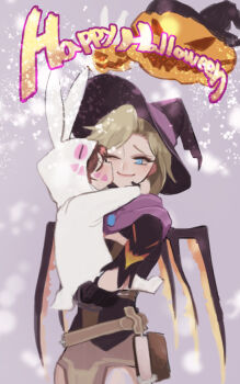 2girls age_difference aged_down alternate_costume animal_costume belt blonde_hair book brown_hair carrying carrying_person child closed_eyes d.va_(overwatch) english_text facial_mark giji-p happy_halloween hat jack-o&#039;-lantern kiss kissing_cheek mechanical_wings mercy_(overwatch) multiple_girls one_eye_closed overwatch overwatch_1 rabbit_costume rabbit_ears scarf wings witch_hat witch_mercy
