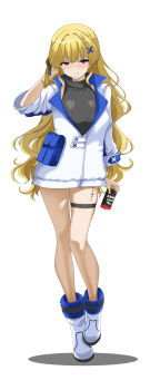 1girl absurdres alternate_costume black_shirt blonde_hair blush boots breasts can closed_mouth commentary drink_can full_body hair_ornament hand_up highres holding holding_can implied_yuri indy_k jacket long_hair looking_at_viewer medium_breasts phoebe_(wuthering_waves) purple_eyes shirt simple_background smile solo thigh_strap very_long_hair white_background white_boots white_jacket wuthering_waves x_hair_ornament