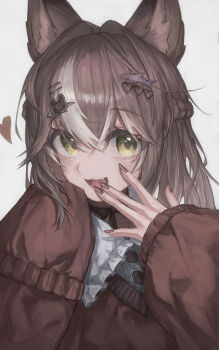 1girl absurdres animal_ears black_choker braid brown_hair brown_nails brown_sweater choker commentary_request crossed_bangs drawer_bushi_huajia fang green_eyes grey_background hair_between_eyes hair_intakes hair_ornament hairclip half_up_braid heart heart_hair_ornament highres long_hair looking_at_viewer multicolored_hair open_mouth original parallel_hairclips puffy_sleeves ribbon_choker shark_hair_ornament simple_background sleeves_past_wrists smile streaked_hair sweater white_streaks wolf_ears wolf_girl