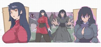 1girl black_corset black_dress black_hair breasts chandelure corset dress earrings gastly gen_1_pokemon gen_5_pokemon hair_between_eyes hex_maniac_(pokemon) hex_maniac_(pokemon_legends:_z-a) highres implied_transformation jewelry juliet_sleeves large_breasts long_hair long_sleeves michel_teru nintendo open_mouth outdoors outline pink_outline pokemon pokemon_frlg pokemon_legends:_z-a puffy_sleeves purple_eyes sabrina_(pokemon) scanlines smile static wide-eyed