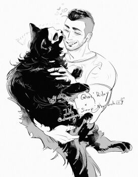 Rule 34 | 1boy, animal, animalization, call of duty, call of duty: modern warfare 2, cat, chanyuqianxin, character name, closed eyes, commentary request, crew neck, cropped torso, english text, facial hair, ghost (modern warfare 2), grin, highres, holding, holding animal, holding cat, licking, licking another's face, male focus, mohawk, shirt, short hair, short sleeves, simple background, smile, soap (modern warfare 2), white background