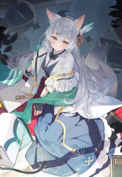 1girl absurdres animal_ear_fluff animal_ears bag belt black_gloves black_shoes blue_skirt blurry blurry_foreground blush book breasts commentary_request commission double-parted_bangs fingerless_gloves fox_ears fox_tail frilled_skirt frills globe gloves green_shawl highres jacket leaf long_hair long_skirt looking_at_viewer lumo_1121 medium_breasts on_floor original partial_commentary shasa_(konoha) shawl shirt shoes shoulder_bag sitting skeb_commission skirt solo tail very_long_hair white_hair white_jacket white_shirt white_tail yellow_eyes