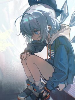 1girl ahoge bike_shorts bike_shorts_under_shorts blue_eyes blue_hair bow cirno commentary_request fingerless_gloves from_above full_body gloves hair_bow hand_on_own_knee highres hood hood_down hoodie ice ice_wings knees_up long_sleeves omote_m0nl profile shoes short_hair shorts sitting sneakers socks solo touhou wings