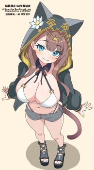 1girl absurdres animal_ears animal_hood arknights bikini bikini_under_clothes black_jacket black_sandals blue_eyes breasts brown_background brown_hair cat_ears cat_tail cleavage closed_mouth commentary_request commission eggplant7217 fake_animal_ears fang fang_out flower from_above full_body grey_shorts groin highleg highleg_bikini highres hood hood_up hooded_jacket jacket large_breasts long_hair long_sleeves nail_polish navel o-ring o-ring_bikini o-ring_top pepe_(arknights) puffy_long_sleeves puffy_sleeves sandals shadow short_shorts shorts simple_background skeb_commission smile solo standing swimsuit tail white_bikini white_flower yellow_nails