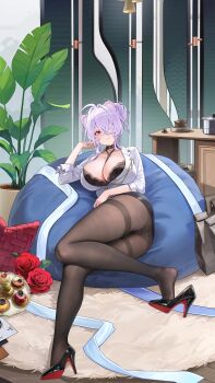 1girl absurdres animal_ears artist_request bean_bag_chair black_bra black_shoes black_skirt bra bra_peek echocalypse flower food grey_hair hair_intakes hair_over_one_eye high_heels highres masa_(echocalypse) official_art pantyhose plant potted_plant red_eyes red_flower shoes skirt solo teapot thighband_pantyhose underwear