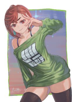 1girl ayase_momo bare_shoulders black_thighhighs bra_strap breasts brown_eyes brown_hair closed_mouth collarbone commentary cowboy_shot crossed_bangs dandadan dress earrings green_dress green_shirt hand_up highres jewelry leaning_to_the_side long_shirt long_sleeves looking_at_viewer off-shoulder_dress off_shoulder shirt short_dress short_hair signature smile solo sparkle thick_eyebrows thighhighs thighs yuugao