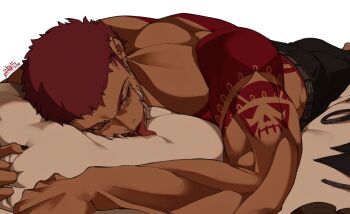 1boy aster0112 barefoot black_nails black_pants charlotte_katakuri commentary_request dark-skinned_male dark_skin earrings eyelashes fingernails highres hugging_object jewelry looking_to_the_side lying male_focus nail_polish on_stomach one_piece pants piercing pillow pillow_hug red_eyes red_hair sharp_teeth short_hair shoulder_tattoo sideways_glance solo stud_earrings tattoo teeth tongue tongue_out