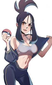 Rule 34 | 1girl, absurdres, black hair, blue hair, blush, breasts, cleavage, clothes lift, clothes pull, crop top, dendra (pokemon), fangs, highres, holding, holding poke ball, jacket, jacket lift, looking at viewer, medium breasts, multicolored hair, navel, nintendo, open clothes, open jacket, open mouth, poke ball, pokemon, pokemon sv, ponytail, sho-n-d, sidelocks, simple background, solo, stomach, teeth, tongue, two-tone hair, white background
