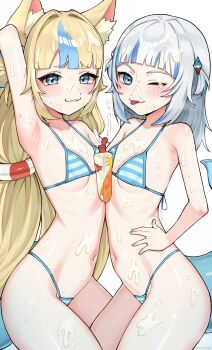 2girls :3 ;p absurdres ahoge animal_ears armpits belly bikini blonde_hair blue_bikini blue_bow blue_eyes blue_hair blunt_bangs bow breasts cat_ears fins fish_girl fish_tail gawr_gura grey_hair hair_bow highleg highleg_bikini highres hololive hololive_english huge_filesize indie_virtual_youtuber lifebuoy_hair_ornament loli long_hair looking_at_viewer lotion low_twintails micro_bikini migokami multicolored_hair multiple_girls navel one_eye_closed one_side_up petite sameko_saba sexually_suggestive shark_girl shark_tail simulated_facial small_breasts stomach streaked_hair string_bikini suggestive_fluid sunscreen swimsuit tail tongue tongue_out twintails two_side_up very_long_hair virtual_youtuber voice_actor_connection white_hair
