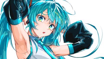 1girl absurdres aqua_eyes aqua_hair aqua_necktie armpits arms_behind_head arms_up commentary detached_sleeves hatsune_miku headset highres long_hair looking_at_viewer necktie open_mouth shirt simple_background sleeveless sleeveless_shirt solo teeth twintails upper_teeth_only vocaloid watan_(tvzv5527) white_background white_shirt
