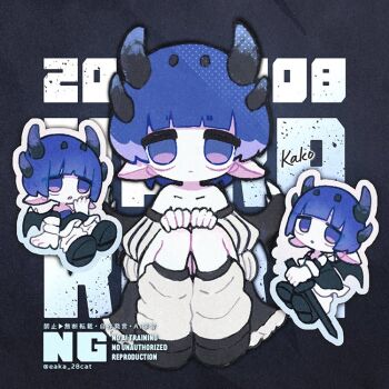 bare_shoulders black_shoes blue_eyes blue_hair chibi chibi_only commentary_request cotton_1186 demon_girl demon_horns demon_wings holding holding_sword holding_weapon horns loose_socks multiple_horns multiple_views original outline pointy_ears shoes socks sword weapon white_outline white_socks wings