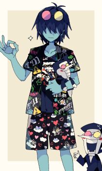 1boy 1other 2525nicc absurdres black_hair black_shirt blue_hair blue_skin character_doll circle_facial_mark collarbone colored_skin deltarune doll heterochromatic_eyewear highres holding holding_doll jacket kris_(dark_world)_(deltarune) kris_(deltarune) long_nose ok_sign open_clothes open_jacket pointy_nose print_jacket print_shirt print_shorts shirt short_hair shorts spamton_g._spamton sparkle sweat tinted_eyewear utdr_(toby_fox)