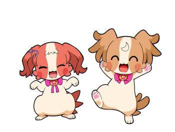 2girls @est@ animal_focus animalization bow dog happy highres inukai_iroha inukai_iroha_(dog)_(@est@) inukai_komugi inukai_komugi_(dog) multiple_girls papillon_(dog) pawpads precure ribbon shih_tzu wonderful_precure!