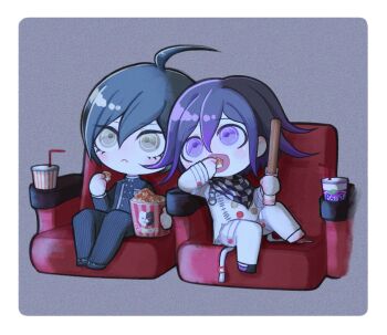 Rule 34 | 2boys, ahoge, black hair, black jacket, blush, border, brown eyes, buttons, chair, checkered clothes, checkered scarf, chibi, chibi only, collared jacket, commentary, danganronpa (series), danganronpa v3: killing harmony, eating, eyelashes, flipped hair, food, grey background, hair between eyes, highres, holding, inukai (inuuowoukai), jacket, long sleeves, male focus, monokuma, movie theater, multiple boys, oma kokichi, open mouth, pants, pinstripe jacket, pinstripe pattern, popcorn, purple eyes, ringed eyes, saihara shuichi, scarf, short hair, sitting, striped clothes, striped jacket, striped pants, two-tone scarf, white border