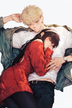 1boy 1girl absurdres bare_shoulders black_hair blonde_hair blue_eyes blush breasts closed_eyes couple earrings hetero highres husband_and_wife jewelry long_hair maiii_(smaii_i) pants red_sweater shirt short_hair simple_background spiked_hair spy_x_family sweater twilight_(spy_x_family) twitter_username yor_briar