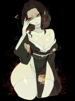 1girl black_hair black_kimono black_sash breasts collarbone commentary fingernails highres index_finger_raised japanese_clothes kibutsuji_muzan kibutsuji_muzan_(female) kimetsu_no_yaiba kimono long_hair looking_at_viewer obi off_shoulder pelvic_curtain print_kimono red_eyes sash sharp_fingernails solo thighhighs usa37107692 white_thighhighs