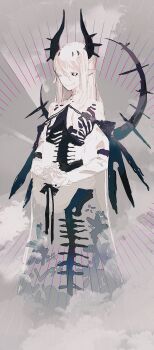 black_horns black_sclera bone cloud colored_sclera dress hair_between_eyes highres horns nonokuro one_eye_closed original own_hands_together pointy_ears ribs see-through_clothes skeleton spine white_eyes white_hair