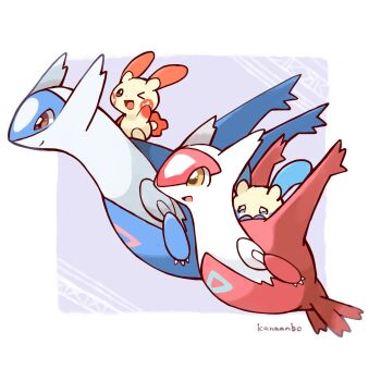 Rule 34 | artist name, blue eyes, border, brown eyes, claws, closed mouth, commentary request, flying, gen 3 pokemon, highres, konanbo, latias, latios, legendary pokemon, minun, nintendo, no humans, one eye closed, open mouth, plusle, pokemon, pokemon (creature), pokemon focus, red eyes, sitting, smile, white border, wings, yellow eyes
