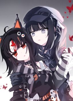 2girls ahoge animal_ear_headphones animal_ears bandaged_arm bandages belt black_belt black_choker black_collar black_gloves black_hair black_hat black_ribbon black_sweater blood blood_from_forehead blood_on_face bug butterfly cat_ear_headphones cat_ears chinese_commentary choker collar commentary_request corpse empty_eyes fake_animal_ears gloves goggles goggles_on_headwear gradient_background grey_background grey_eyes hat headphones highres holding_another&#039;s_wrist injury insect ksjsa kurobe_nanoka long_hair long_sleeves looking_at_another mahou_shoujo_no_majo_saiban multicolored_hair multiple_girls neck_ribbon open_mouth orange_eyes partial_commentary red_butterfly ribbon sawatari_coco short_hair skull spoilers streaked_hair sweatdrop sweater twintails upper_body