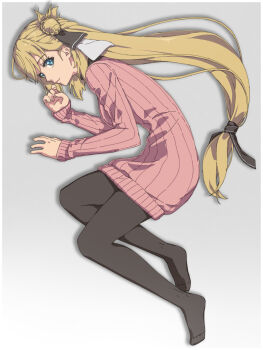 1girl agnes_claudel black_thighhighs blonde_hair blue_eyes braid bun_with_braided_base chiharu_(9654784) closed_mouth eiyuu_densetsu floating_hair gradient_background grey_background hair_between_eyes hair_bun highres kuro_no_kiseki_(series) long_hair long_sleeves looking_at_viewer low-tied_long_hair lying on_side parted_bangs ribbed_sweater simple_background single_hair_bun single_side_bun smile solo sweater thighhighs