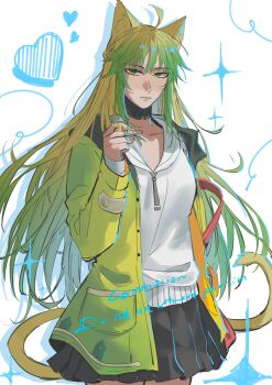 1girl absurdres ahoge animal_ear_fluff animal_ears atalanta_(fate) atalanta_(traveling_outfit)_(fate) cat_ears cat_girl cat_tail collar expressionless fate/grand_order fate_(series) gradient_hair green_eyes green_hair green_jacket highres hood hoodie jacket long_hair long_sleeves looking_at_viewer multicolored_hair pan_(idontlikebreadd) pleated_skirt skirt solo tail twirling_hair white_hoodie