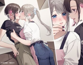 2girls black_choker black_hair black_nails black_shirt blue_eyes blue_pants blue_scrunchie blush brown_pants chigusa_minori choker commentary_request grey_hair hair_ornament hair_scrunchie hand_under_clothes highres long_hair multiple_girls nail_polish official_art open_mouth pants pink_hair purple_nails saotome_shino_(shino_to_ren) scrunchie shino_to_ren shirayuki_ren shirt short_hair sidelocks sweatdrop white_shirt yuri