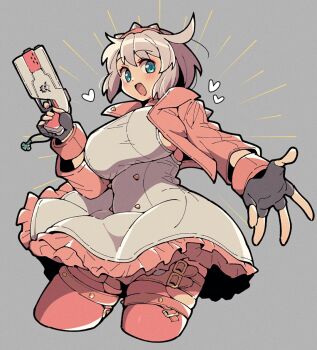 1girl :d black_gloves blue_eyes bob_cut breasts cropped_legs dress elphelt_valentine fingerless_gloves frilled_dress frills gloves grey_background grey_dress grey_hair guilty_gear guilty_gear_strive gun hairband holding holding_gun holding_weapon itsuka_neru jacket large_breasts long_sleeves looking_at_viewer open_clothes open_jacket open_mouth pink_hairband pink_jacket short_hair smile solo spiked_hairband spikes weapon