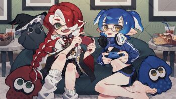 2girls :p absurdres bag_of_chips barefoot black_bra black_shorts black_skirt blue_hair blue_shrug bra closed_mouth commission controller cookie cup dolphin_shorts drink drinking_glass drinking_straw fangs food game_controller glasses green_eyes hair_over_one_eye headphones headphones_around_neck highres holding holding_controller holding_game_controller indoors inkling inkling_girl inkling_player_character long_hair long_sleeves loose_socks medium_hair midriff multiple_girls navel nintendo one_eye_covered open_mouth parted_bangs playing_games pointy_ears prat_rat red_hair semi-rimless_eyewear shirt shorts shrug_(clothing) sitting skirt smile socks splatoon_(series) stuffed_animal stuffed_bird stuffed_squid stuffed_toy table tentacle_hair tongue tongue_out two_side_up under-rim_eyewear underwear very_long_hair watermark watermark_grid white-framed_eyewear white_shirt white_socks wide_sleeves yellow_eyes