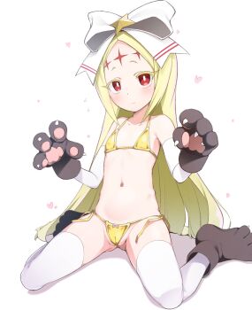 1girl animal_hands bare_shoulders bikini black_footwear black_gloves blonde_hair blush bow bow_bikini bright_pupils cameltoe claw_pose claws closed_mouth collarbone commentary_request cross cross_facial_mark elbow_gloves expressionless facial_mark flat_chest forehead forehead_mark full_body gloves gluteal_fold gold_bikini hair_bow hair_ornament hands_up heart heart_background highres loli long_hair looking_at_viewer mahou_shoujo_ni_akogarete micro_bikini morino_korisu navel nekono_matatabi nero_alice parted_bangs paw_gloves paw_shoes red_hair side-tie_bikini_bottom simple_background sitting star_(symbol) star_hair_ornament string_bikini swimsuit thick_eyebrows thighhighs wariza white_background white_bow white_gloves white_pupils white_thighhighs