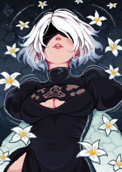 2b_(nier:automata) absurdres afloat black_dress black_hairband blindfold breasts cleavage cleavage_cutout close-up clothing_cutout covered_navel dress floating_hair flower_on_liquid from_above hairband highres juliet_sleeves long_sleeves lying medium_breasts nier:automata nier_(series) on_back partially_submerged pink_lips pixel_art puffy_sleeves ripples short_hair side_slit upper_body water white_hair yumykon