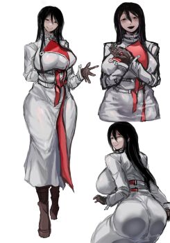 1girl 2024 arm_behind_back arm_up ass black_eyes black_hair boots breasts brown_boots brown_gloves coat collarbone commentary curvy dress english_commentary female_focus from_behind full_body gloves half-closed_eyes head_tilt highres how_to_date_an_entity_(and_stay_alive) huge_ass large_breasts long_coat long_hair looking_at_viewer looking_back mrs._(how_to_date_an_entity) multiple_expressions multiple_views original pale_skin sfour_s4 sideboob simple_background smile straight_hair tall_female thick_thighs thighs trench_coat variant_set white_background white_coat