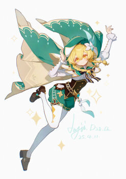 1girl aqua_cape aqua_hat aqua_shorts ayiiiyiii beret blonde_hair blush braid brown_shoes cape closed_mouth cosplay flower genshin_impact hair_flower hair_ornament hat highres long_hair long_sleeves lumine_(genshin_impact) pantyhose shirt shoes shorts smile solo thighhighs twin_braids venti_(genshin_impact) venti_(genshin_impact)_(cosplay) vision_(genshin_impact) white_pantyhose white_shirt white_thighhighs yellow_eyes