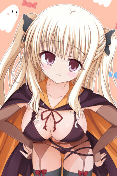 Rule 34 | 1girl, absurdres, black bow, black cape, black thighhighs, blonde hair, blush, bow, bow legwear, bra-ban!, breasts, cape, cleavage, closed mouth, collarbone, commentary request, commission, company connection, cosplay, cowboy shot, detached sleeves, eyes visible through hair, fuchigamimirai, garter straps, ghost, hair between eyes, hair bow, halloween, halloween costume, hands on own hips, hibarigaoka yuki, highres, large breasts, leaning forward, long hair, looking at viewer, mole, mole under eye, navel, orange cape, outline, pink background, purple eyes, red bow, sanoba witch, sidelocks, simple background, skeb commission, sleeves past wrists, smile, solo, split mouth, thighhighs, togakushi touko, togakushi touko (cosplay), two-sided cape, two-sided fabric, two side up, white outline, yuzusoft