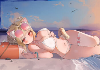 1girl absurdres animal animal_ears armlet bare_shoulders beach bikini bird blonde_hair blush bow bracelet braid breasts buoy cat cat_ears cat_girl cat_tail chocosong cloud commentary_request eyewear_on_head highres jewelry kemomimi_refle! large_breasts looking_at_viewer lying navel nekoma_karin red_eyes ring sketch sky smile solo sunglasses swimsuit tail thighs underwear water white_bikini