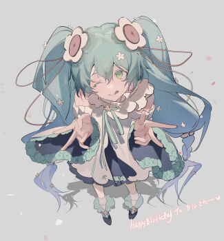 1girl ;q absurdres ankle_socks aqua_hair aqua_ribbon azure_silan bare_shoulders black_boots black_dress black_sleeves blue_hair boots braid closed_mouth colored_eyelashes commentary detached_sleeves dot_nose double_v dress english_text floral_print flower frilled_footwear from_above full_body gift_art gradient_hair green_eyes grey_background hair_between_eyes hair_bobbles hair_flower hair_ornament happy_birthday hatsune_miku highres layered_dress long_hair low-tied_long_hair magical_mirai_miku magical_mirai_miku_(2021) multicolored_hair neck_ribbon one_eye_closed petals pleated_dress ribbon shadow short_dress simple_background sleeveless sleeveless_dress smile socks solo symbol-only_commentary tongue tongue_out twin_braids twintails two-sided_sleeves v very_long_hair vocaloid white_dress white_flower white_sleeves white_socks
