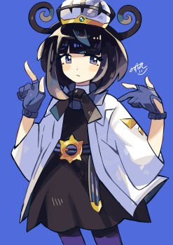 1girl anidler91 belt belt_buckle black_dress black_hair blue_background blue_gloves blunt_bangs bob_cut buckle closed_mouth coat commentary_request cowboy_shot dress eyelashes gloves gradient_hair gwynn_(pokemon) hat highres light_frown long_sleeves looking_at_viewer multicolored_hair nintendo o-ring o-ring_belt open_clothes open_coat pantyhose partially_fingerless_gloves pokemon pokemon_legends:_z-a purple_eyes purple_hair purple_pantyhose short_hair solo white_coat