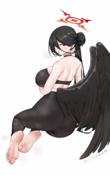 1girl absurdres ass barefoot black_hair black_wings blue_archive blush breasts feet hasumi_(blue_archive) highres large_breasts leggings long_hair looking_at_viewer open_mouth red_eyes shangdi_de_fazhang soles steam sweat toes wings