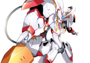 1girl absurdres artificial_eye darling_in_the_franxx highres holding holding_polearm holding_weapon horns humanoid_robot kumichou_(ef65-1118-ef81-95) lance looking_at_viewer mecha mechanical_arms mechanical_eye mechanical_hands mechanical_horns mechanical_neck mechanical_necktie mechanical_skirt necktie pleated_skirt polearm robot robot_girl simple_background single_horn single_mechanical_horn skirt strelizia weapon white_background