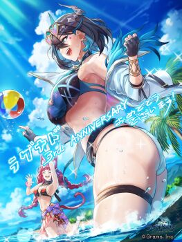2girls :d ^_^ absurdres animal_ear_fluff animal_ears anniversary aqua_hair bell bikini black_gloves black_hair blue_eyes blue_sky blunt_bangs braid breasts cat_ears cat_girl cat_tail character_request cleavage closed_eyes cloud colored_inner_hair commentary_request company_name copyright_logo copyright_name day fingerless_gloves gloves hair_intakes happy_anniversary highres jacket jacket_partially_removed kyoukotsu_(ragnador) large_breasts logo multicolored_hair multiple_girls neck_bell ocean official_art open_mouth outdoors palm_tree ragnador red_bikini red_hair sarong second-party_source sky smile sparkle standing swimsuit tail teeth thigh_strap thighs tree twin_braids two-tone_hair upper_teeth_only vic_(g-row) white_jacket