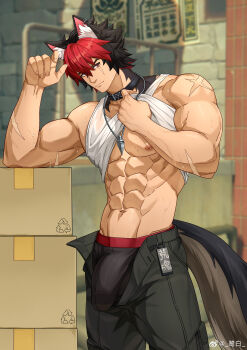 Rule 34 | 1boy, abs, absurdres, animal ears, bara, black collar, black male underwear, black pants, box stack, boxers, bulge, chinese commentary, closed mouth, clothes lift, collar, commentary request, cross scar, dog boy, dog ears, dog tail, highres, jewelry, komano manato, looking at viewer, lu bai (bhgzdhnorn3p9v8), male focus, male underwear, multicolored hair, multiple scars, muscular, muscular male, necklace, open pants, pants, pectorals, scar, scar across eye, scar on arm, scar on face, scar on shoulder, shirt, shirt lift, sleeveless, sleeveless shirt, smile, tail, underwear, watermark, weibo watermark, white shirt, zenless zone zero
