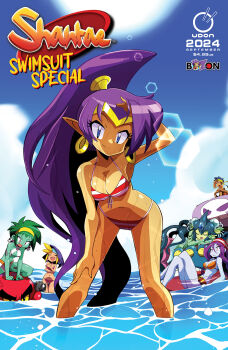 Rule 34 | 1boy, 5girls, bikini, blue eyes, breasts, character request, cloud, colored skin, commentary, copyright name, dark-skinned female, dark skin, day, earrings, english commentary, gold earrings, green hair, green skin, high ponytail, highres, innertube, jewelry, large breasts, leaning forward, legs apart, lens flare, mermaid, monster, monster girl, multiple girls, official art, outdoors, pale skin, pointy ears, ponytail, purple hair, red bikini, risky boots, rottytops, sakurajyousui nami, shantae, shantae (series), sky (shantae), solo focus, sunlight, swim ring, swimsuit, udon entertainment, wading, water, wet